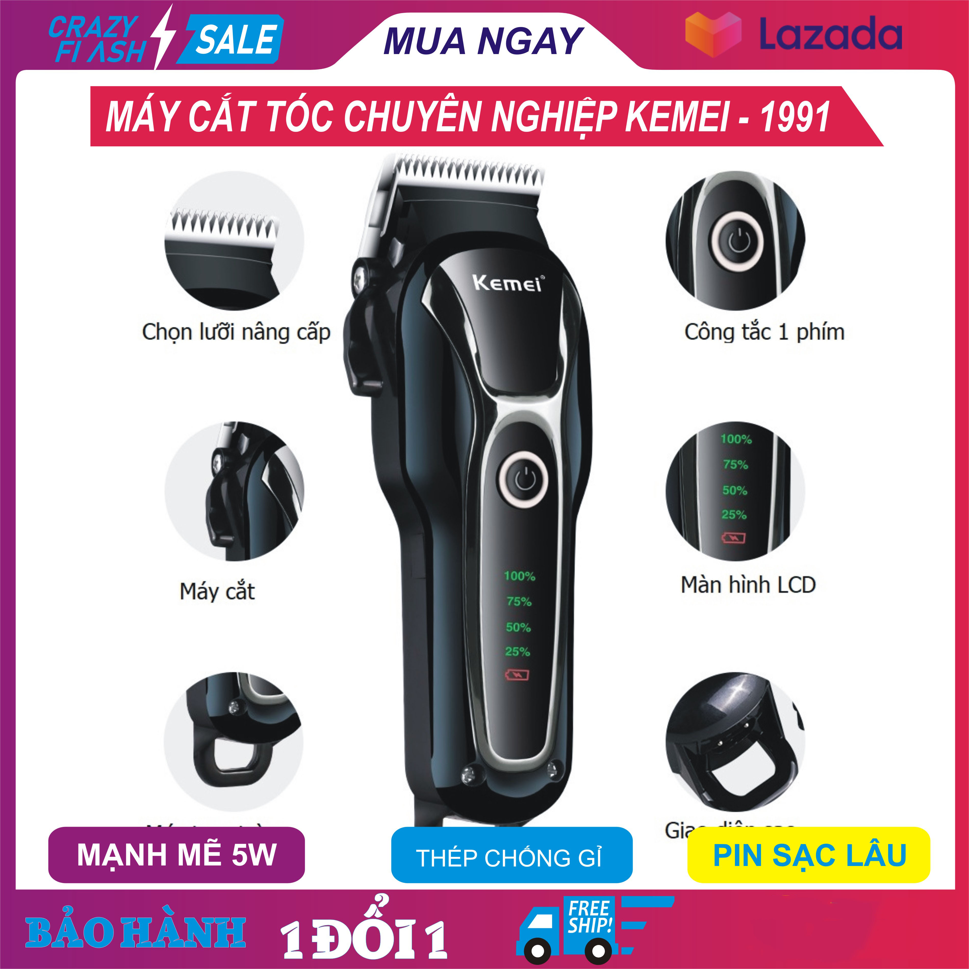 [HCM]Mua Tông Đơ Cắt Tóc Ở Tphcm Tông Đơ Cắt Tóc Không Dây Kemei - KM 1991  Lưỡi Cắt Sắc Bén Tặng Kèm 4 Cữ Cắt Tóc Bảo Hành 1 Đổi 1