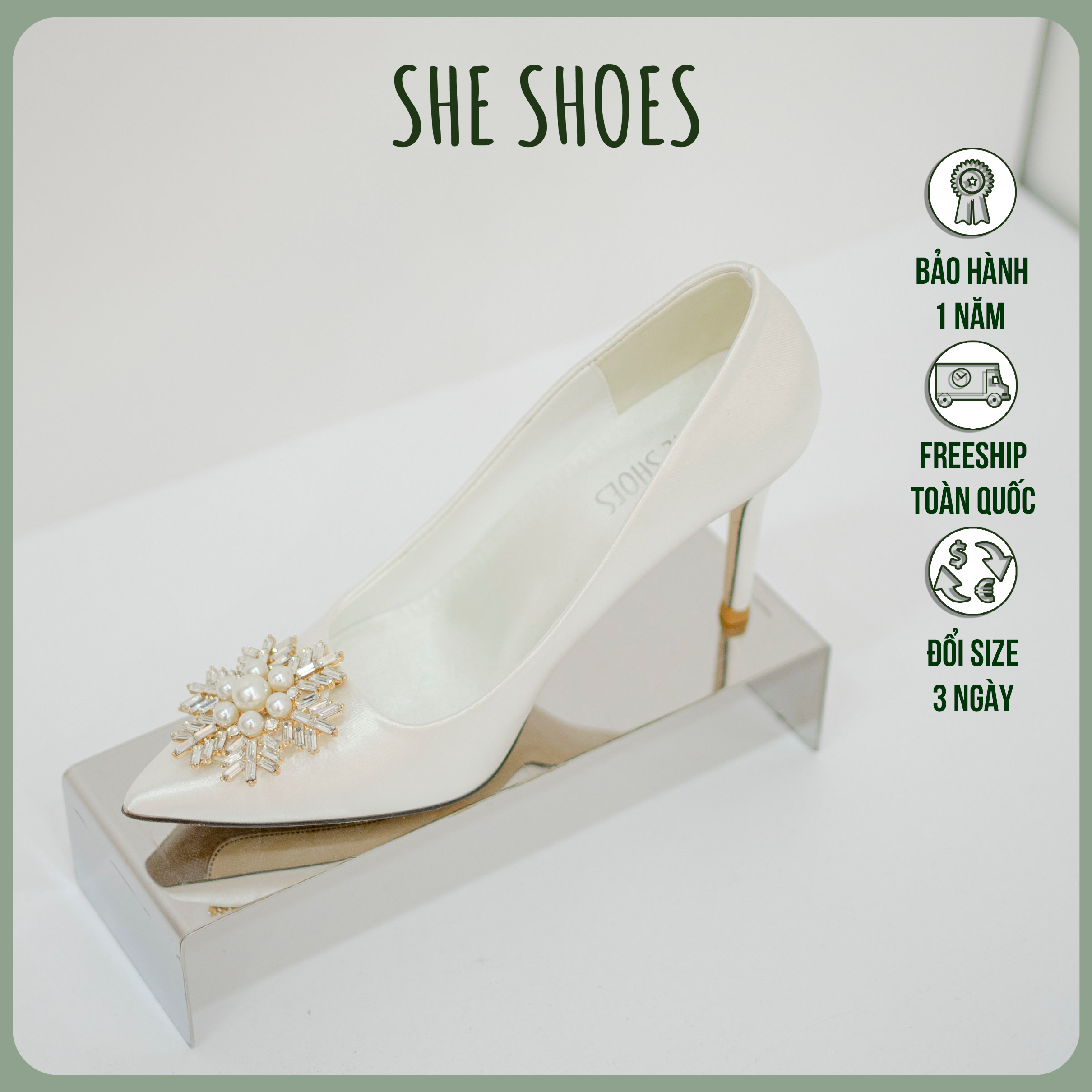 Giày cưới gót nhọn ♥️freeship♥️ giày màu trắng cô dâu cao cấp, độc quyền bởi sheshoes - gc07030