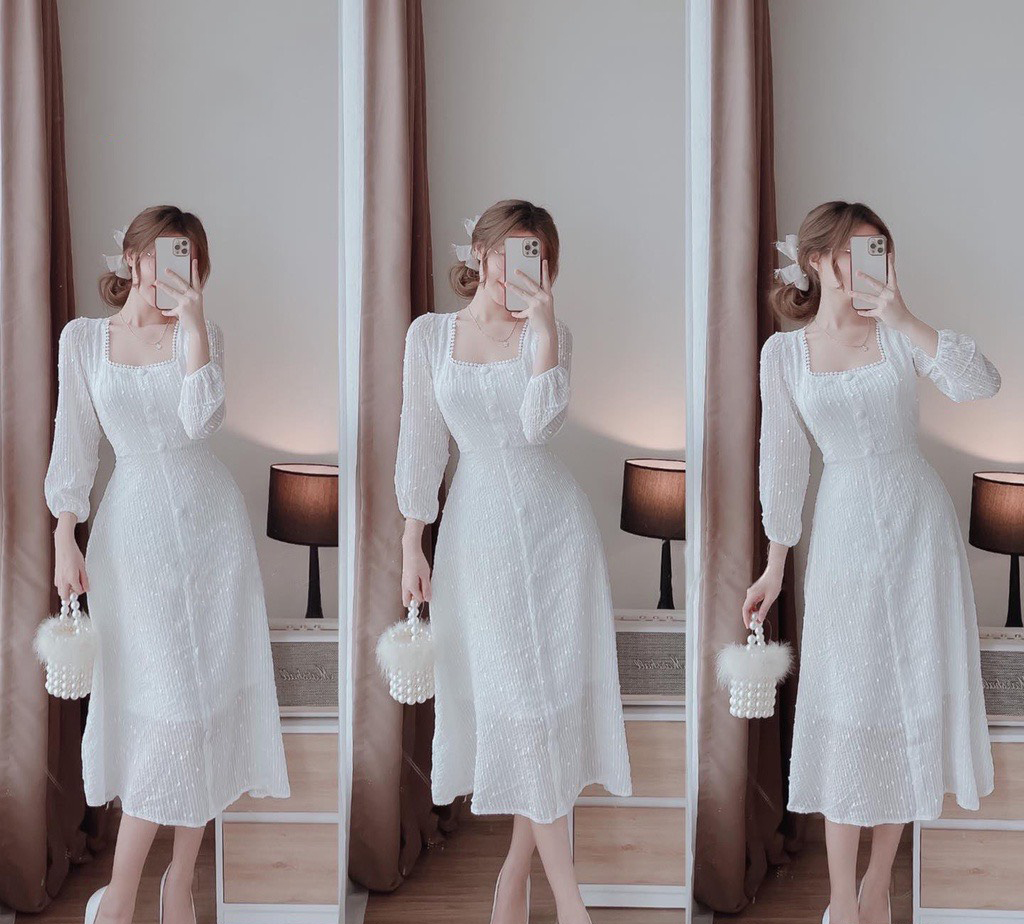 Đầm dự tiệc đầm trắng tay phồng vải kim sa cực dễ thương