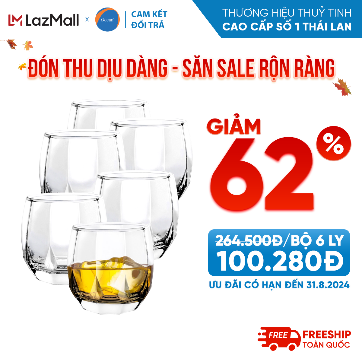 [Cam Kết Đổi Trả Nếu Vỡ] Bộ 6 Ly/Cốc Thủy Tinh - Ocean Jubilee Rock 340ml - Chính Hãng