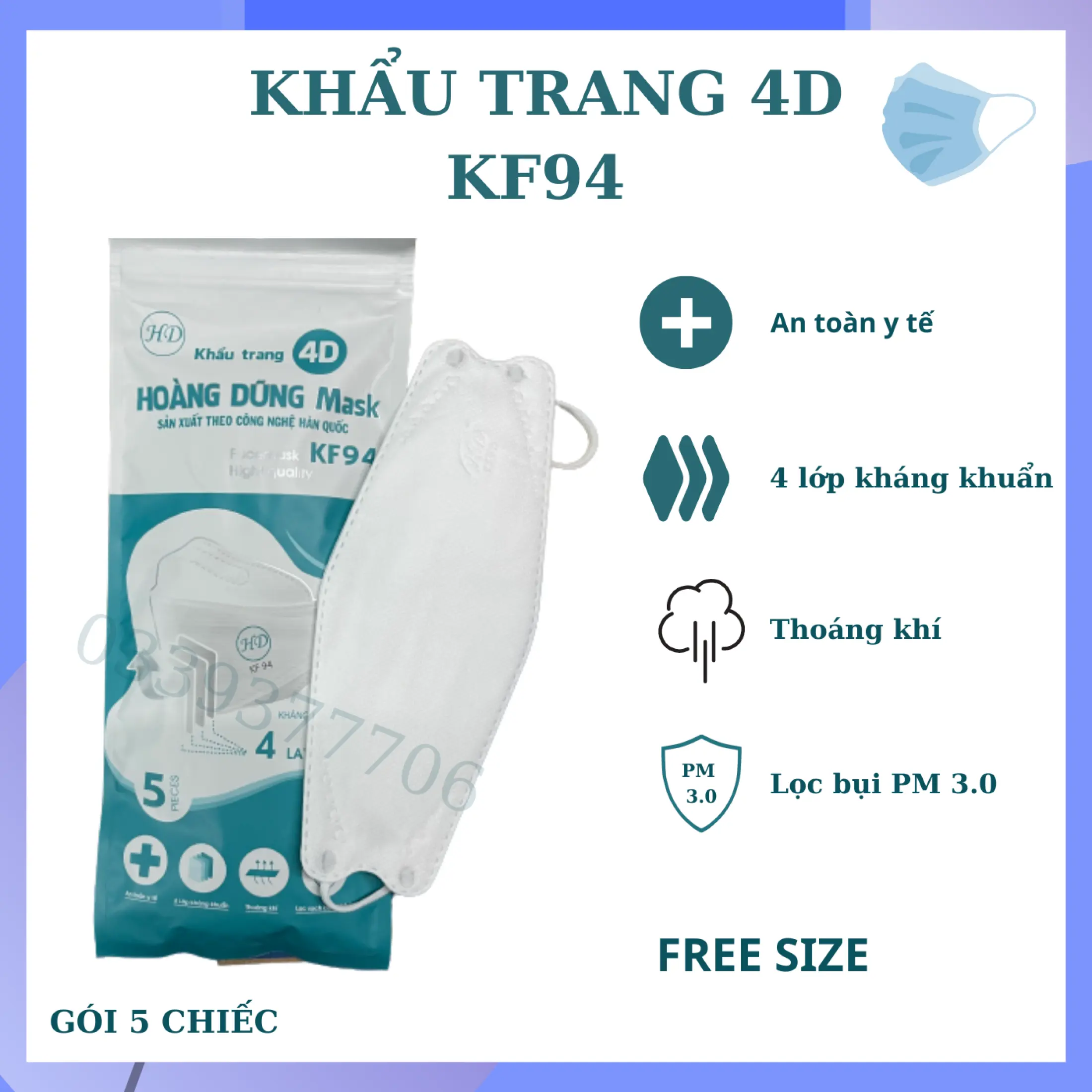 Set 100 Khẩu Trang KF94 Hoàng Dũng Mask 4D - Khẩu Trang Kháng Khuẩn, Chống Bụi Mịn