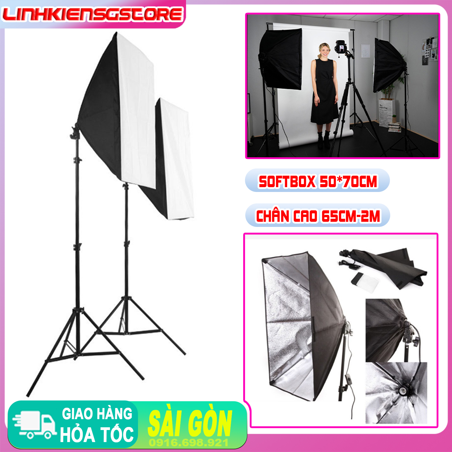 Bộ Đèn Studio Chụp Ảnh, Quay Phim, Livestream Chuyên Nghiệp, Chân Đứng Cao 2m Softbox 50x70cm (chưa có bóng đèn) tùy chọn bóng trong phân loại