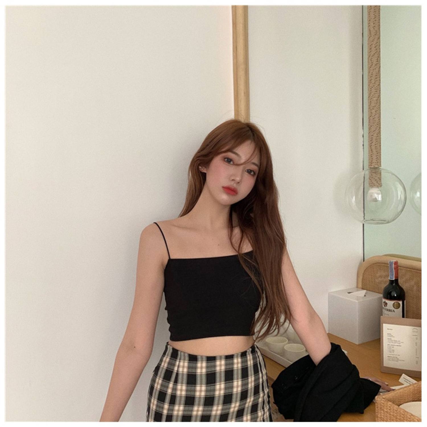 Áo hai dây sợi bún croptop cra019 chất bo gân màu tím/đen/trắng