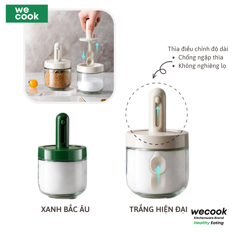 Lọ đựng gia vị thủy tinh WECOOK có thìa chống ẩm, hũ thủy tinh đựng gia vị cao cấp 300ml - Đồ đựng gia vị