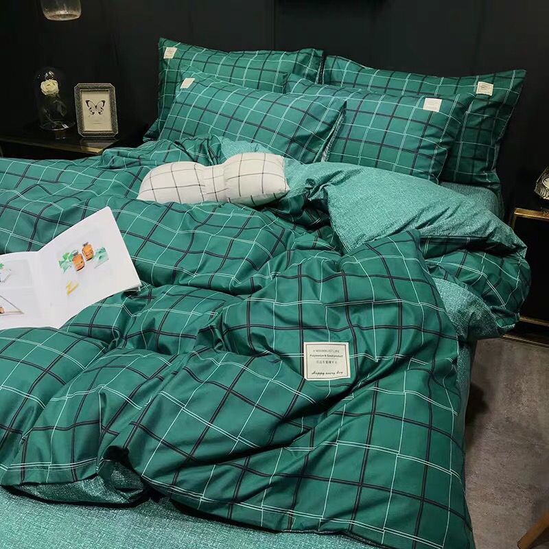 Trọn Bộ 4 Món Cotton Poly Nhập Mẫu XANH LÁ ĐẬM KẺ Ô VUÔNG sang chảnh