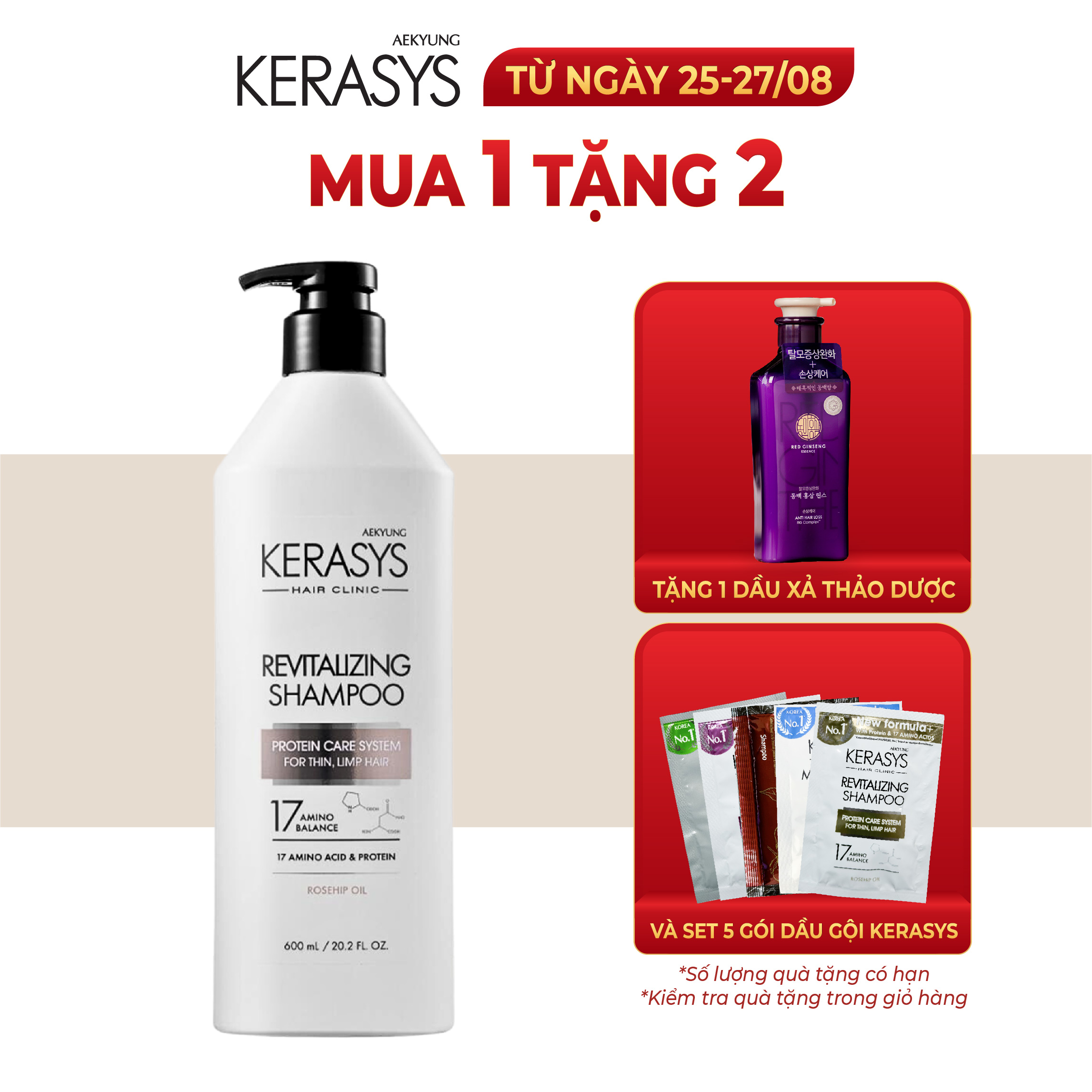 Dầu gội Kerasys Revitalizing Hàn Quốc tăng cường độ đàn hồi làm phồng tóc cho tóc mỏng, mảnh, khó tạo kiểu 600ml