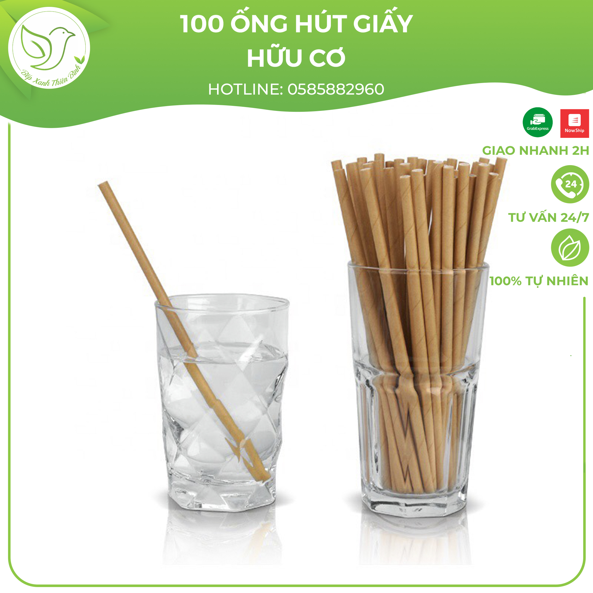 100 Ống hút giấy Kraft phi 6 và phi 8 dùng 1 lần hữu cơ an toàn bảo vệ môi trường