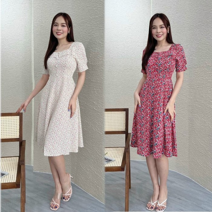 Đầm xòe hoa nhí cổ vuông đính nút tay phồng Misa Fashion - MS0234