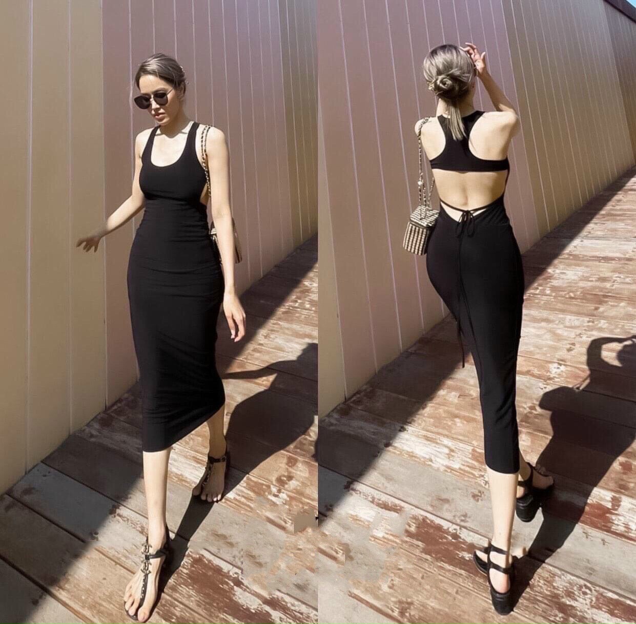 Đầm ba lỗ body dáng dài pinkstore29, cutout lưng cột dây ôm sát tôn dáng d071
