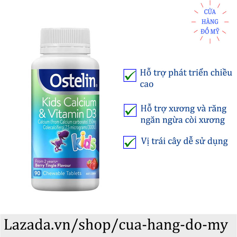 Viên kẹo ngậm nhai Ostelin Kids Calcium & Vitamin D3 90 viên Chewable Tablets  bổ sung canxi ostelin cho trẻ từ 2 tuổi phát triển chiều cao - Shop Hong1008