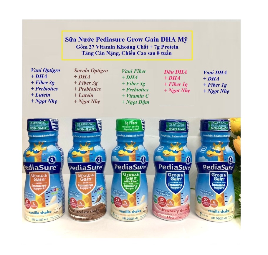 Thùng 24 chai Sữa Nước Pediasure Mỹ Optigro Vani Dâu Socola DHA Chất Xơ Fiber Lutein 237ml