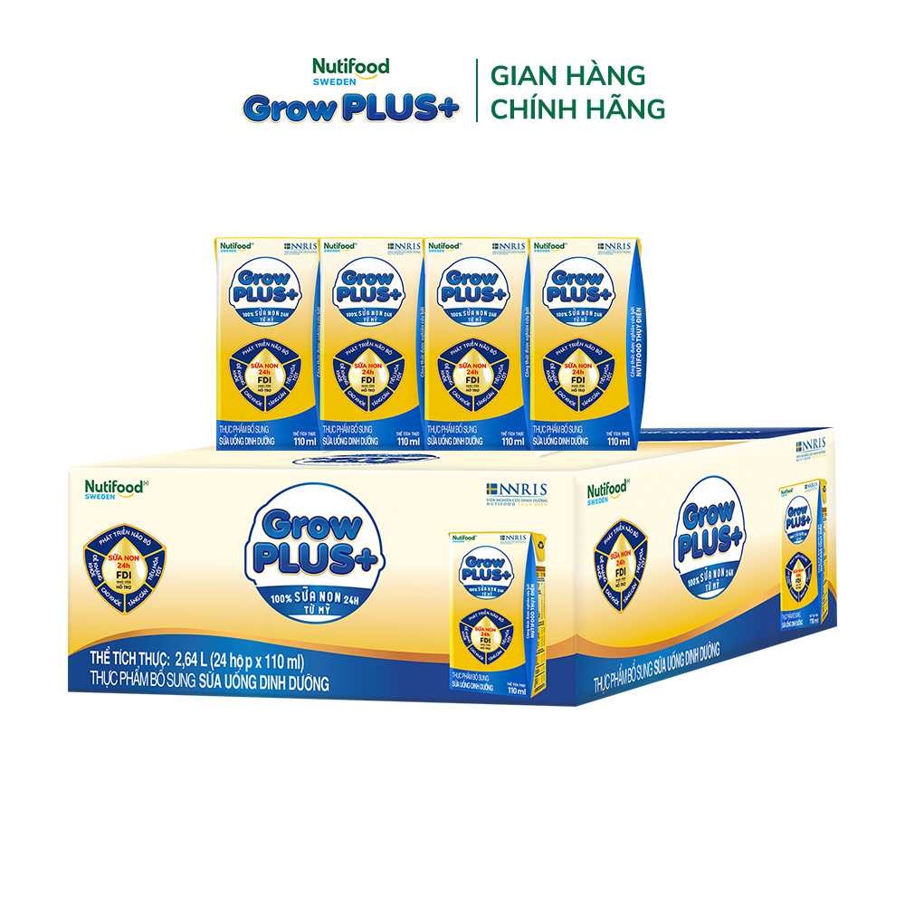 Thùng 24 hộp Sữa Bột Pha Sẵn Nutifood GrowPLUS+ Sữa Non (Vàng) - Hỗ Trợ Tăng Cường Đề Kháng 110ml