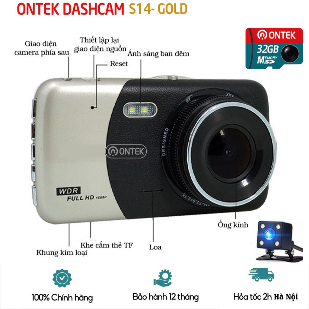 Camera Hành Trình chính hãng ONTEK S14 GOLD Trước Và Sau Full HD