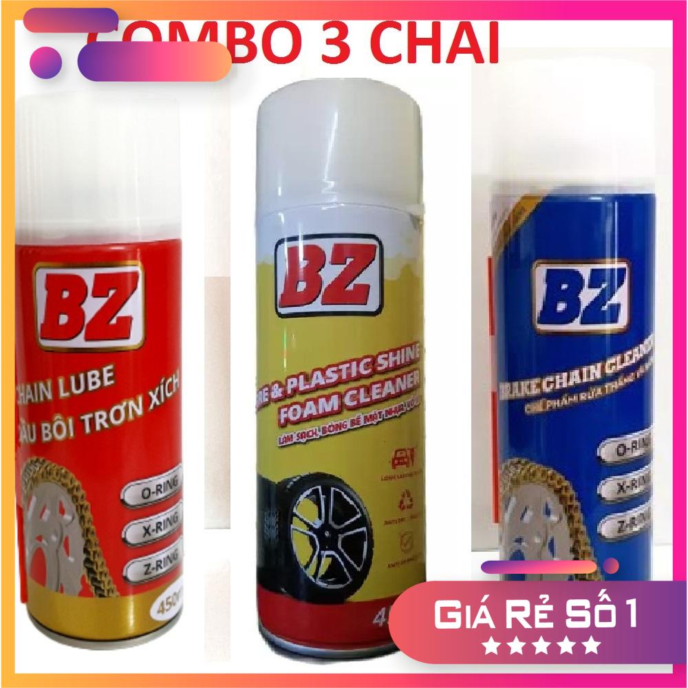 [Combo 3 chai] Vệ Sinh Sên BZ 600ml + Dưỡng Sên BZ 450ml+ Dưỡng nhựa nhám 450ml, đánh bóng lốp BZ, dung dịch vệ sinh sên và xịt dưỡng BZ.