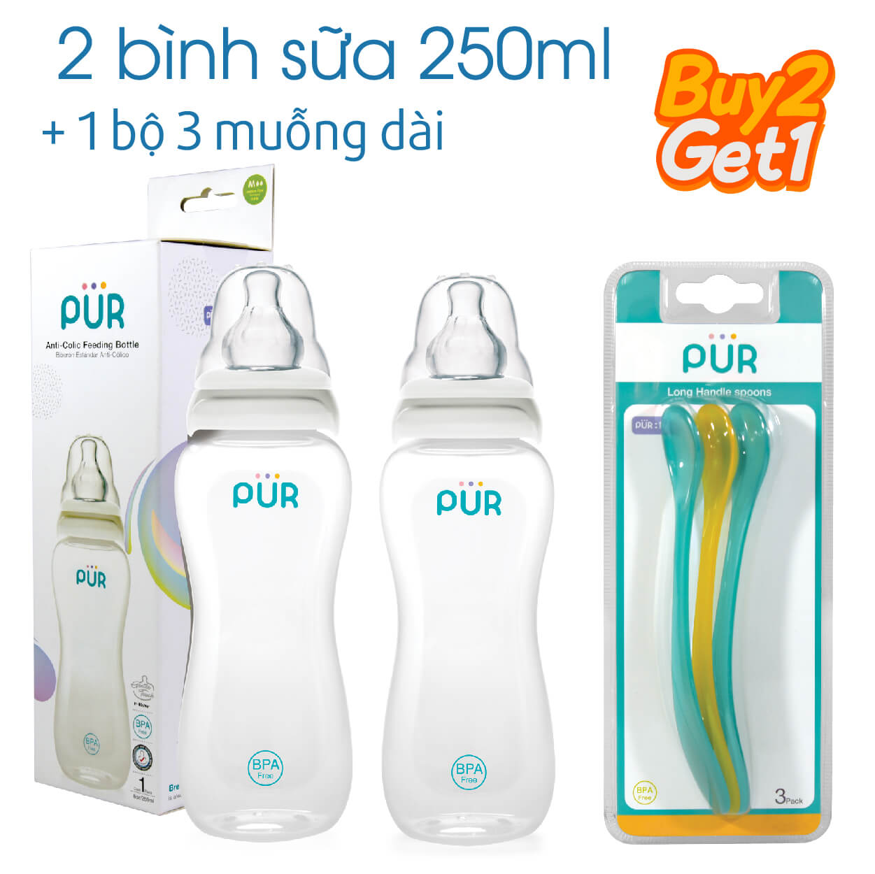 Combo 2 bình sữa Pur Comfort Feeder 250ml, tặng 1 bộ muỗng 3 cái