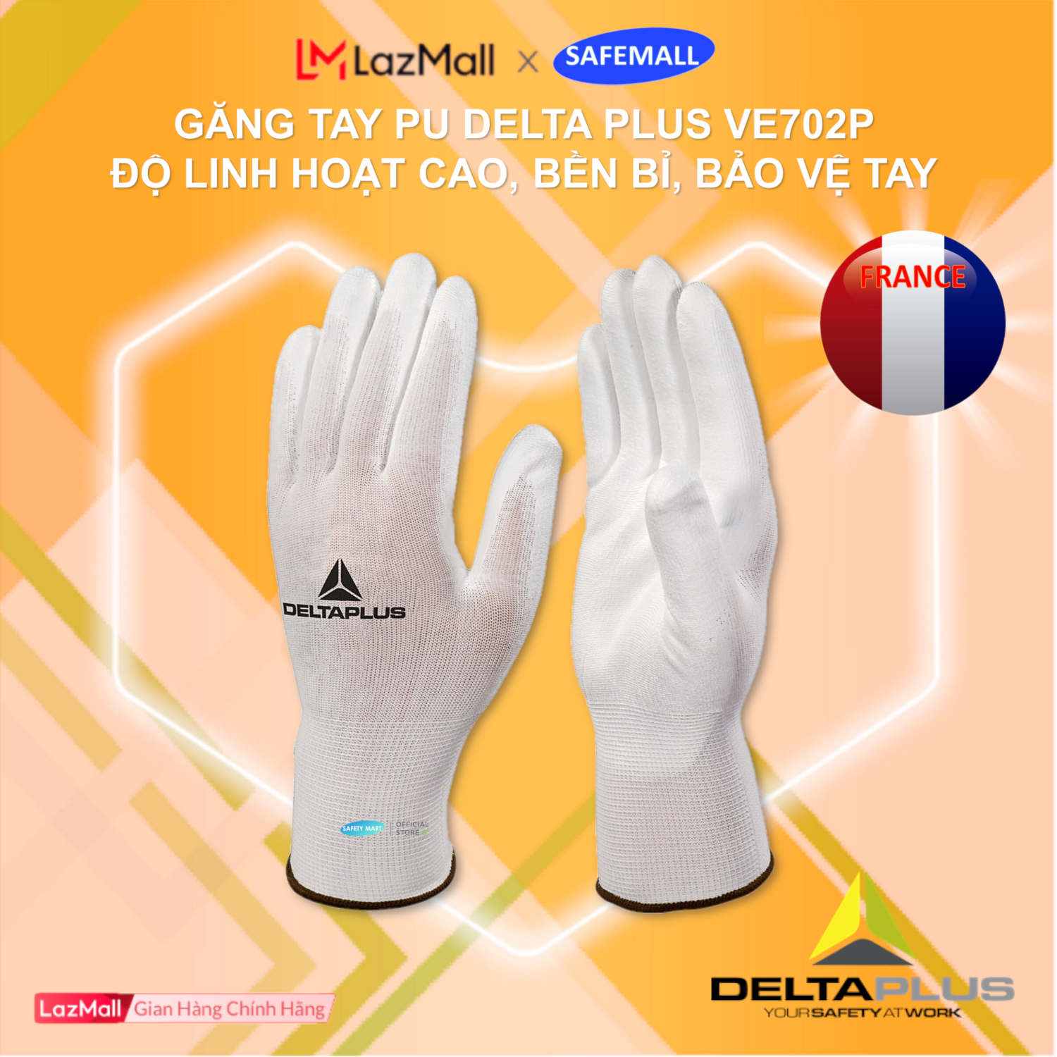 Găng tay chống dầu Deltaplus VE702P Găng tay phủ PU bao tay siêu bám chống hao mòn chống cắt Delta Plus chống rách chống đâm xuyên bao tay bảo hộ lao động - Hàng Chính Hãng SafeMall/Safety Mart Official