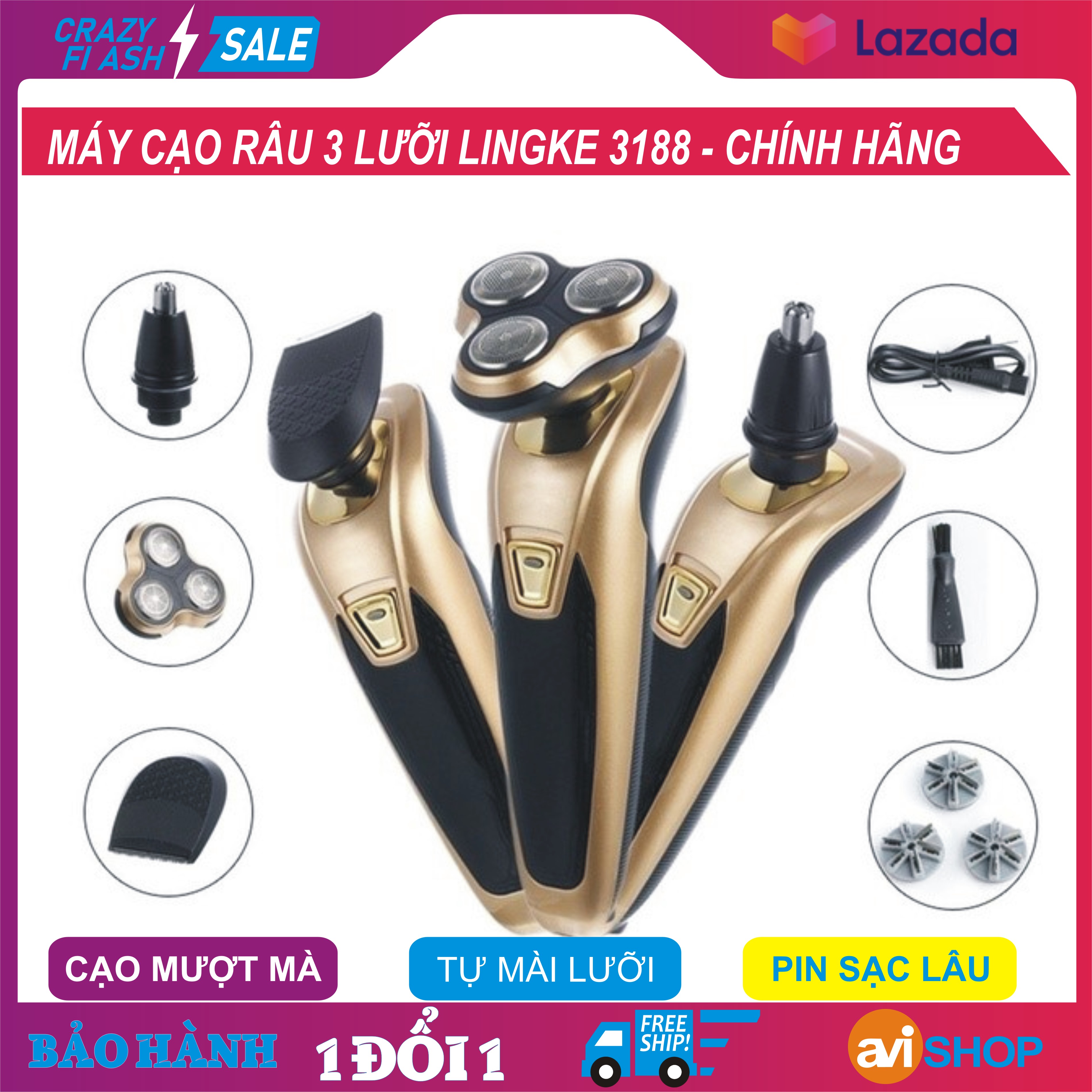 Máy Cạo Râu đa năng Thông Minh 3 LƯỠI KÉP LINGKE chuyên nghiệp, Cạo râu an toàn, Pin sạc 90 phút sử dụng, Cạo khô cạo nước đều được, Máy cạo râu chống nước - TẶNG KÈM đầu tỉa lông mũi và đầu tỉa tóc mai – Giá Shock - aviSHOP