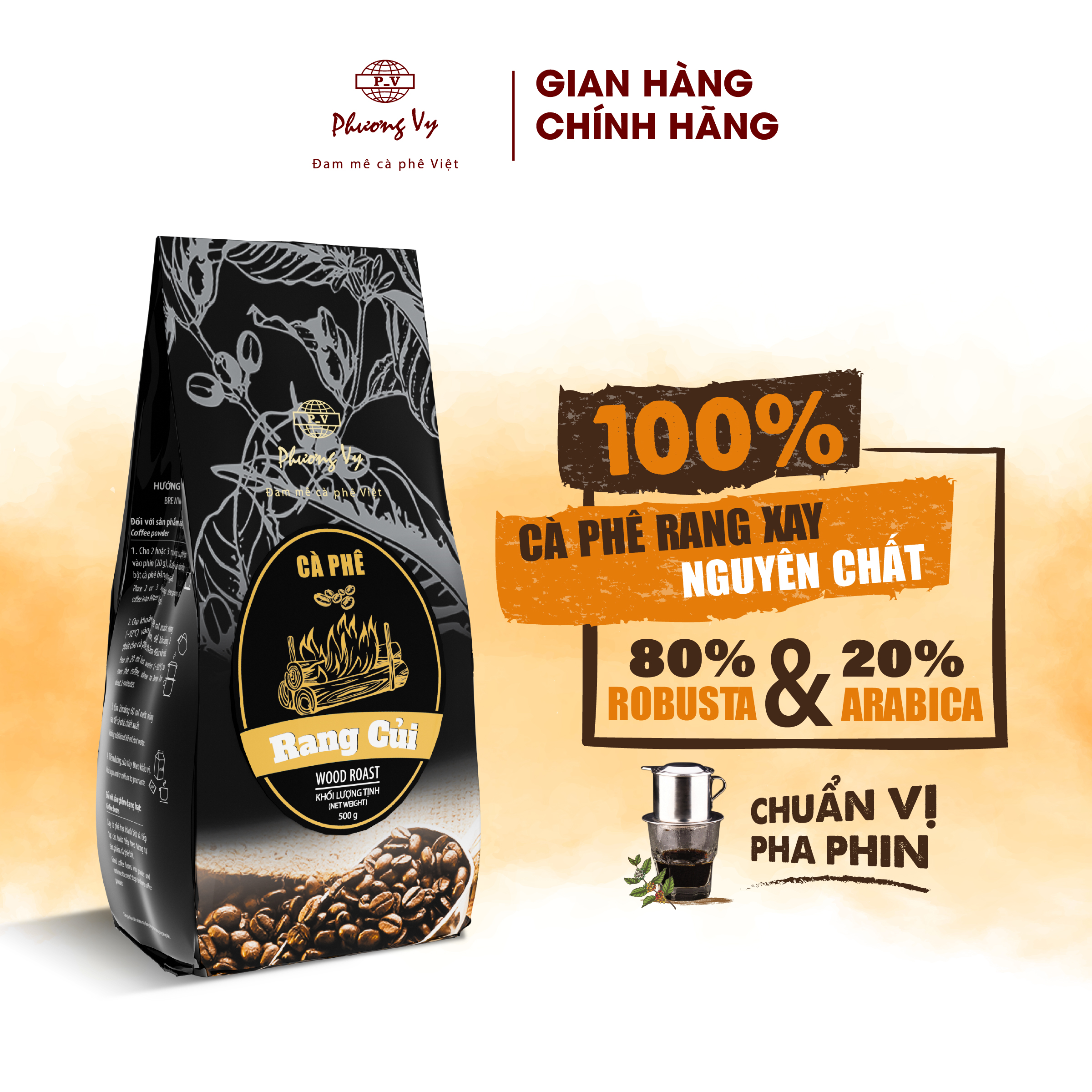 Cà Phê Nguyên Chất Rang Củi 500g hương thơm đặc biệt, vị đậm đà, dành cho pha phin, Phương Vy Coffee
