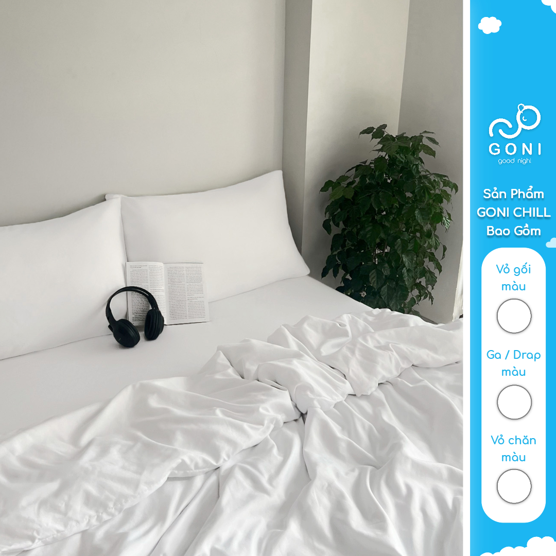Bộ chăn mền ga gối GONI CHILL màu Trắng Trơn - Ga drap giường bo chun cao 4-25cm kích thước 1m, 1m2 ,1m4, 1m6, 1m8, 2m2