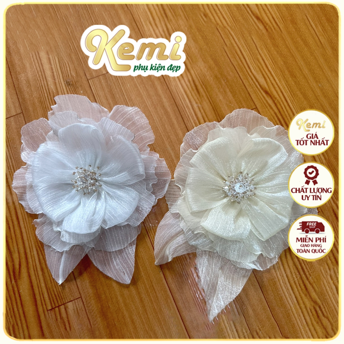 Hoa ban mai cánh lụa tơ kim tuyến nhụy cườm đính kết thủ công kích thước 12cm trang trí váy đầm...