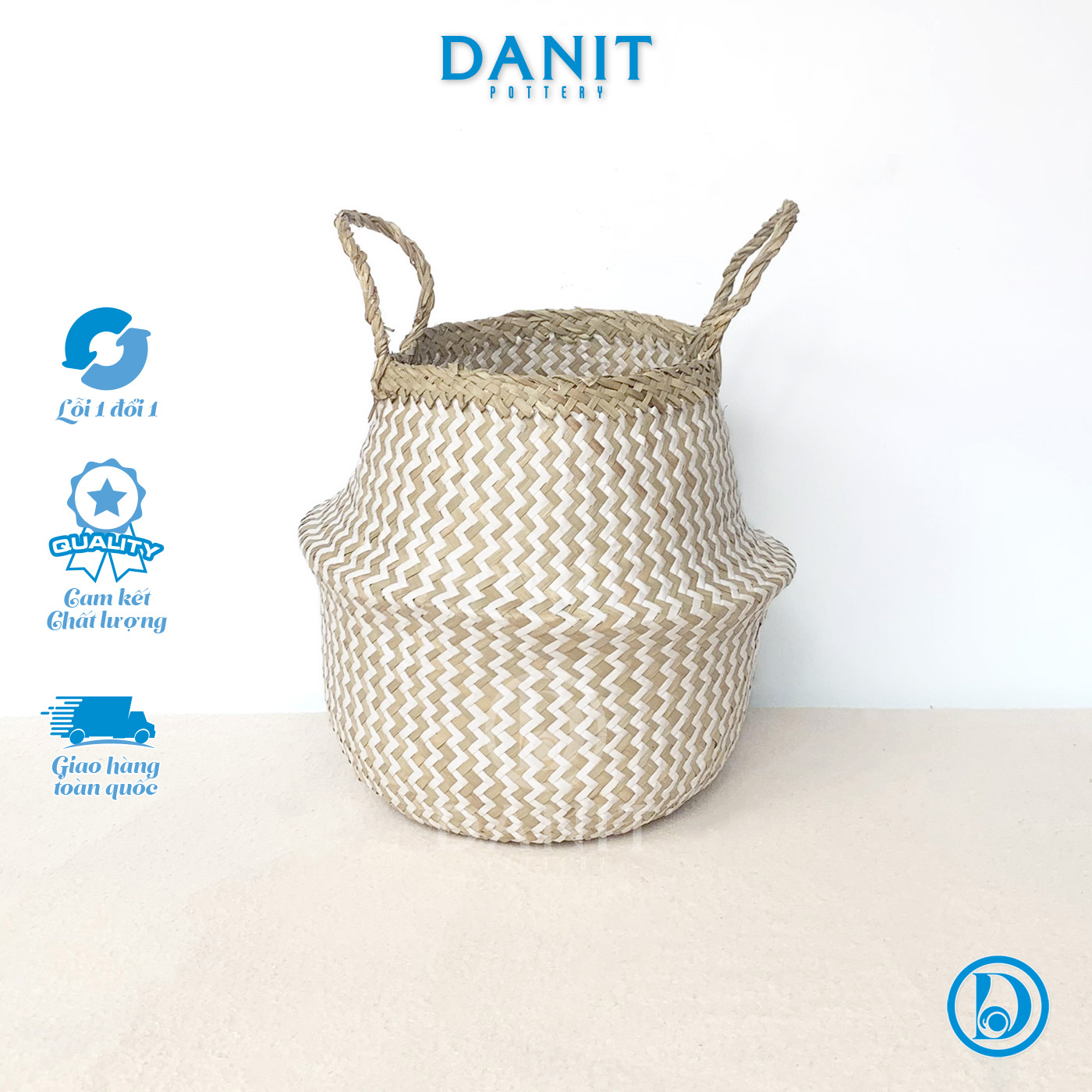 Giỏ cói gập vintage phối màu đan ziczac dùng trồng cây, đựng đồ, trang trí