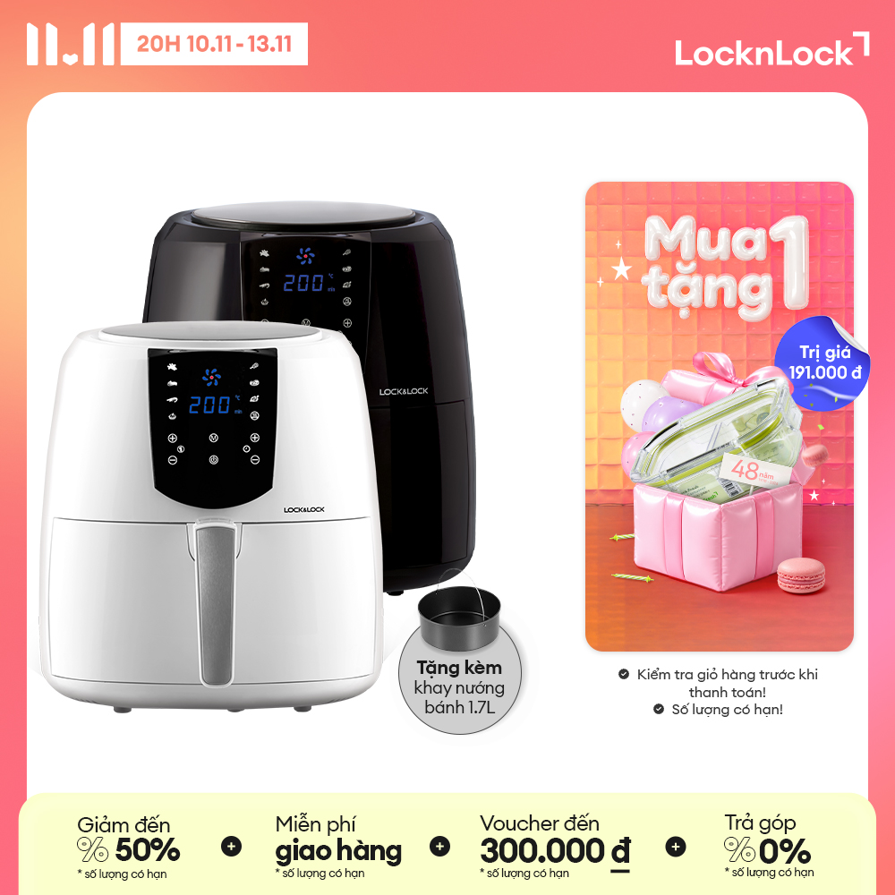 Ejf357 - nồi chiên không dầu lock&lock 5.2l - cảm ứng, 7 chế độ nấu, tỏa nhiệt đối lưu, tặng khay bánh - chính hãng - bảo hành 2 năm