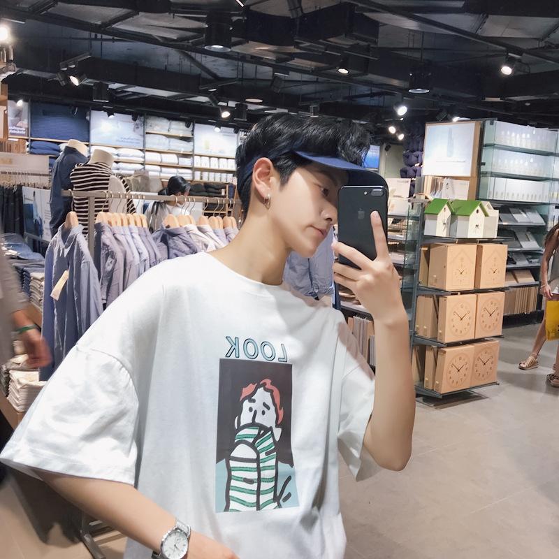 Men's T-Shirt, Round Neck, Short Sleeves, Floral Print, Unique Style, Korean Style, Suitable for Summer, Loose Fit, Student Style9 - 5