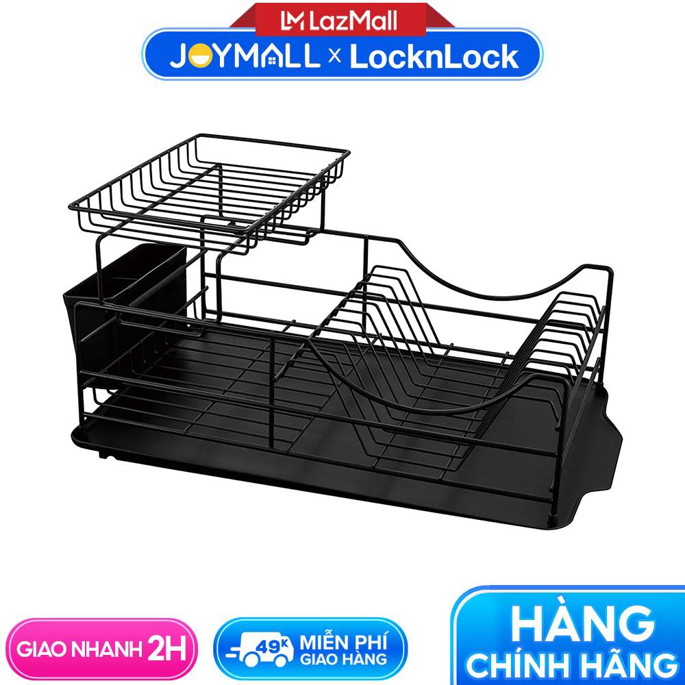 Kệ chén dĩa Lock&Lock 2 tầng Tier Dish Rack LDR206BLK 510x300x230mm - Hàng chính hãng, bằng sắt dễ lắp đặt, khay thoát nước tháo rời - JoyMall