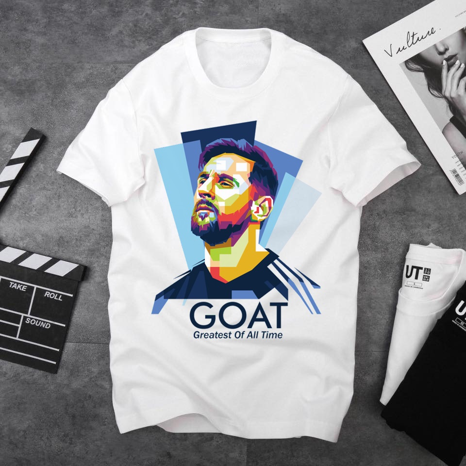 Áo Thun Messi Trắng Mẫu GOAT Hình In Sắc Nét Màu Đẹp - Áo Thun Nam Nữ Đầy Đủ Size - The HT Fashion