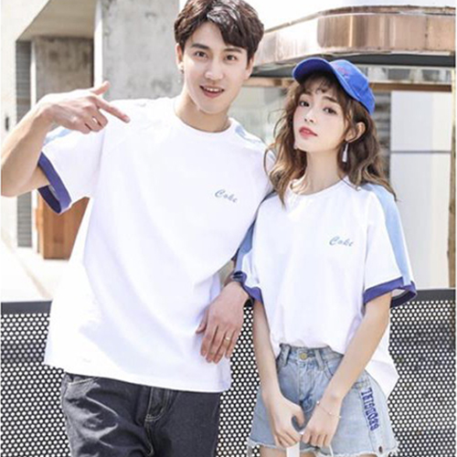 Áo thun đôi tay lỡ nam nữ viền xanh - giá gồm 2 áo