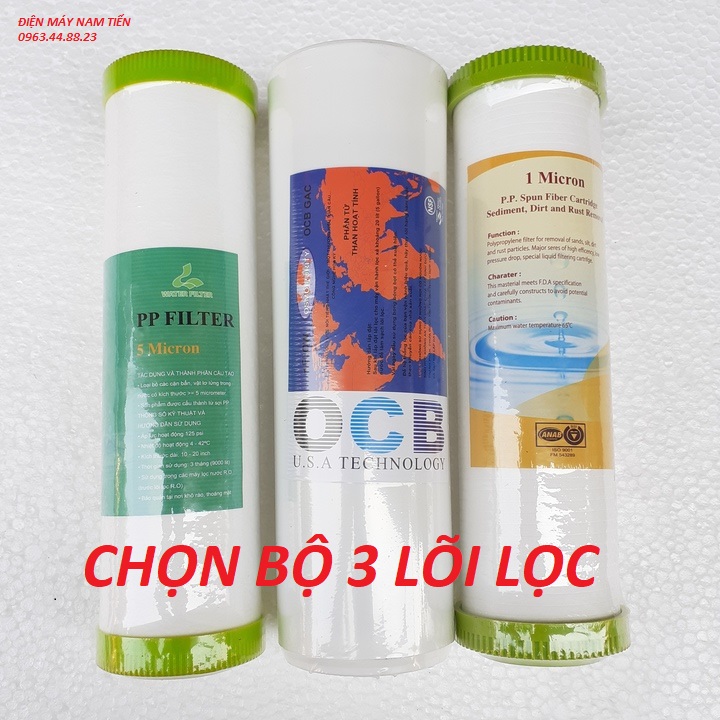Combo Bộ ba lõi lọc nước 1 2 3 ly lọc 10 inch dùng cho máy lọc sinh hoạt, lọc nước RO, kangaroo, karofi, sunhouse....