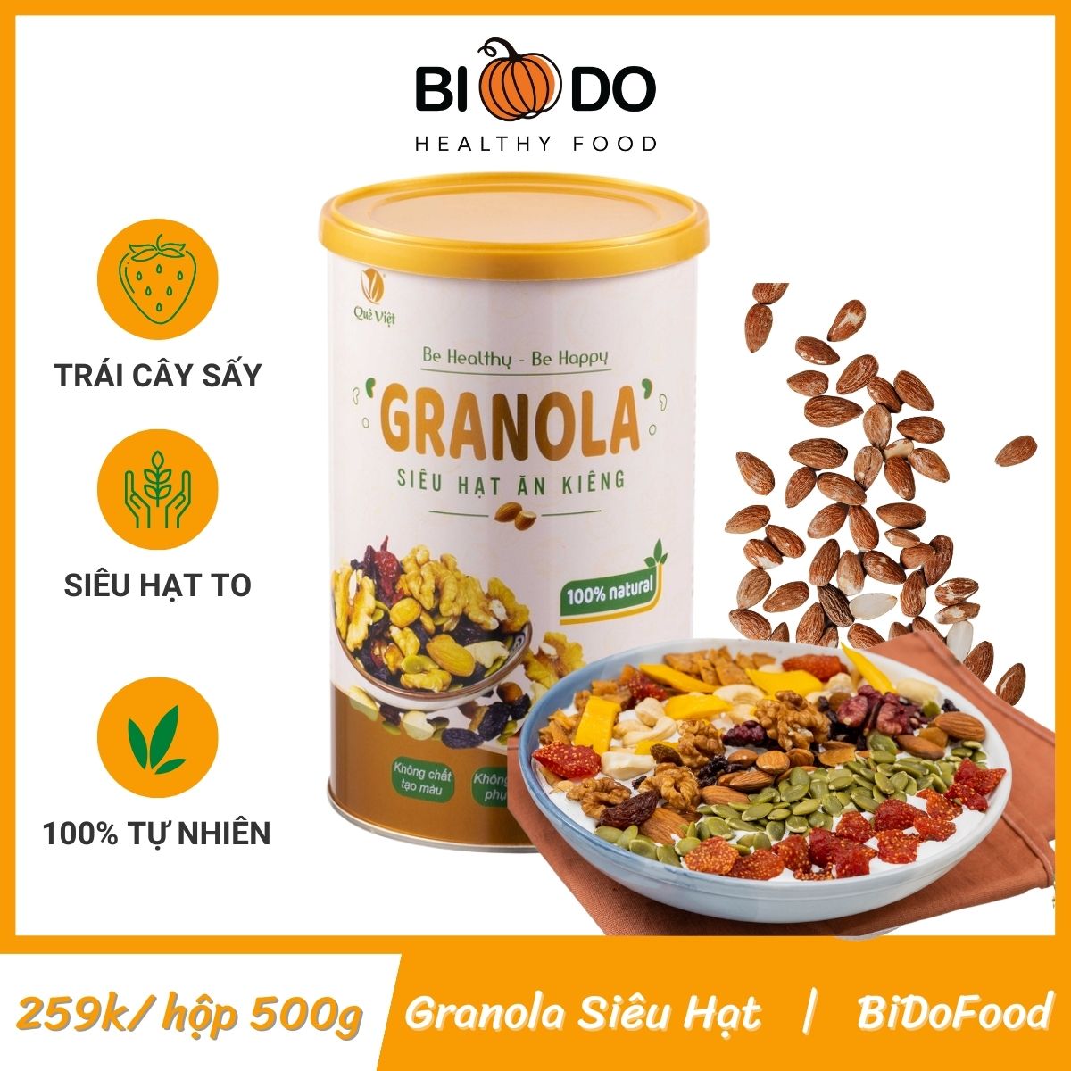 Granola Siêu Hạt Ngũ Cốc Ăn Kiêng Quê Việt 500g - Bí Đỏ Food - Hạt Trái Cây Sấy Ngon