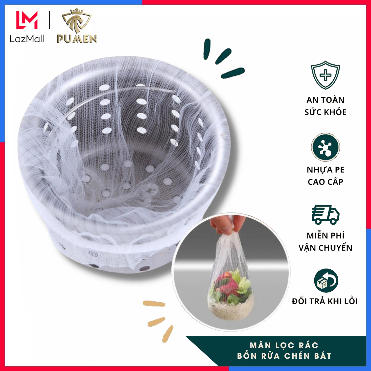 Set 100c Túi lọc rác bồn rửa chén bát PUMEN, túi lưới lọc rác, chặn rác nhà bếp tiện lợi