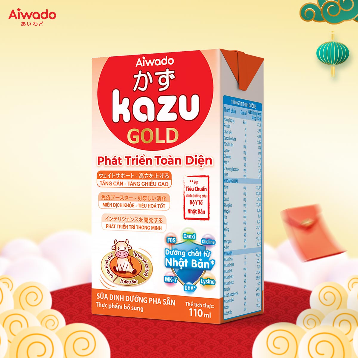 Sữa bột pha sẵn aiwado kazu gold phát triển toàn diện thùng 48 hộp 110ml - tinh tuý dưỡng chất nhật bản