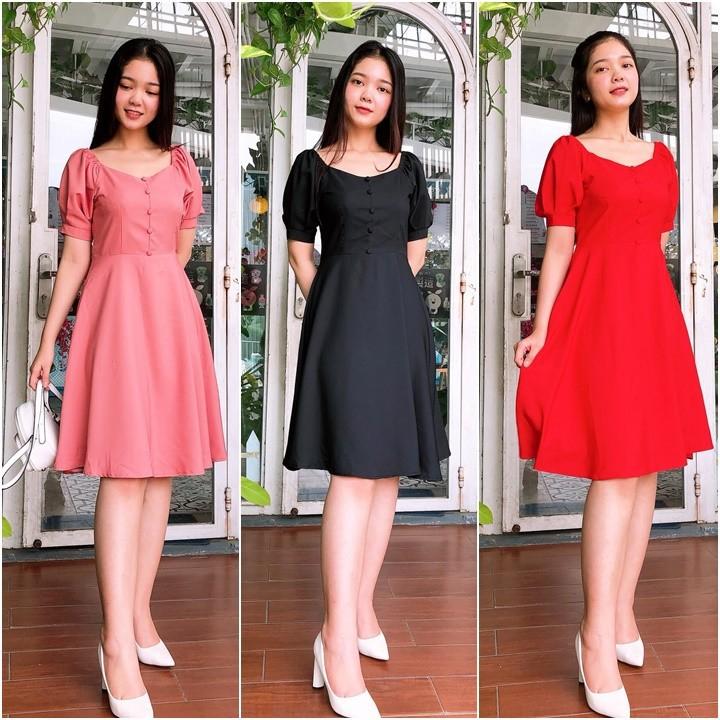 [HCM]Đầm Xòe Phối Nút Cách Điệu Thời Trang S&M Giá Siêu Rẻ - GR0016
