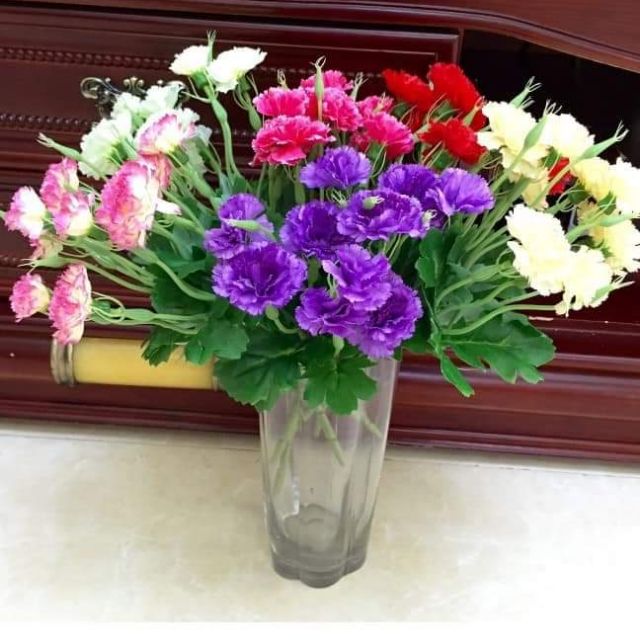 Hoa lụa/cụm hoa cẩm chướng 5 nhánh trang trí