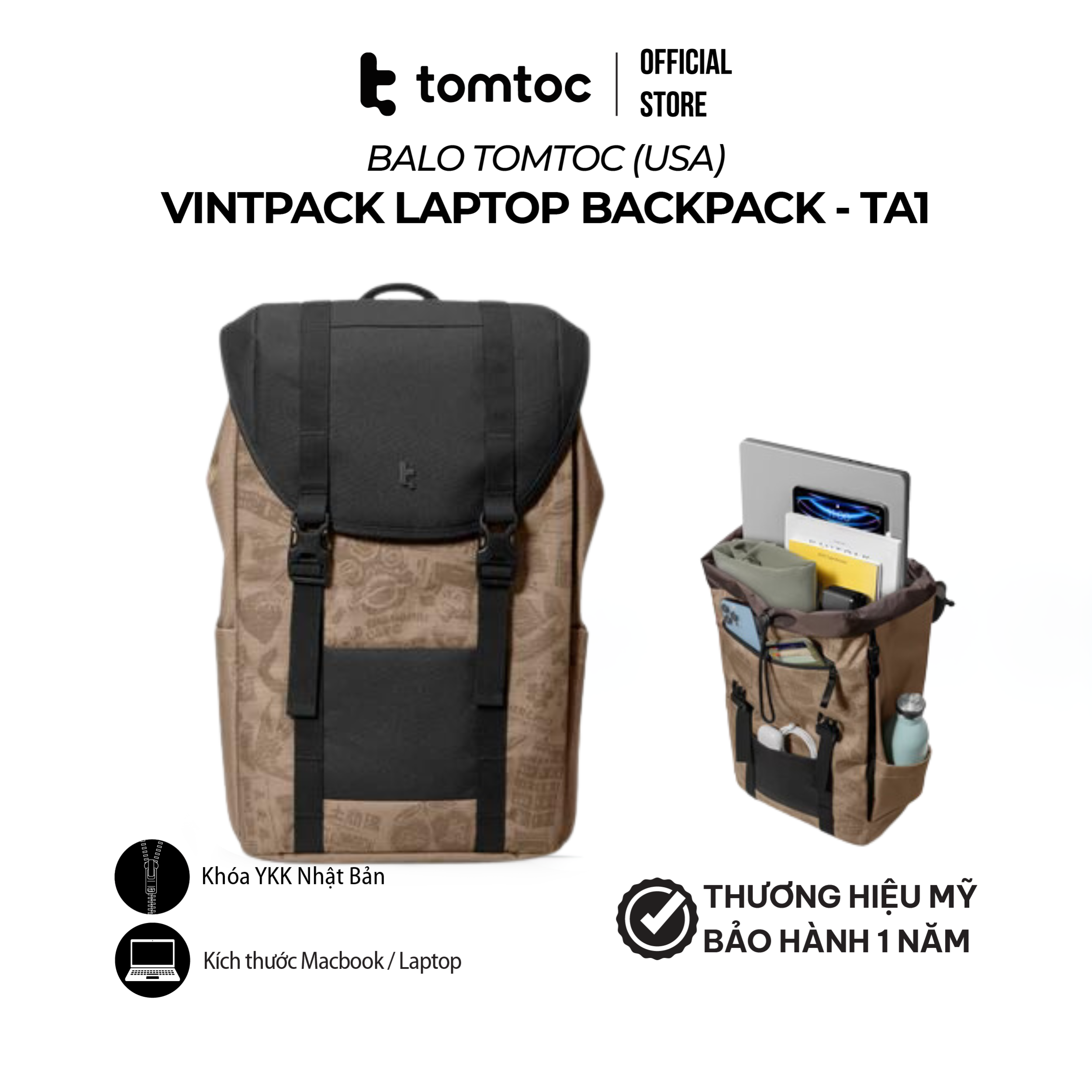Balo Tomtoc Flap Laptop Backpack - Balo di chuyển, du lịch, thường ngày cho MacBook 13-16 inch và laptop 15.6 inch - Dung tích 22L TA1