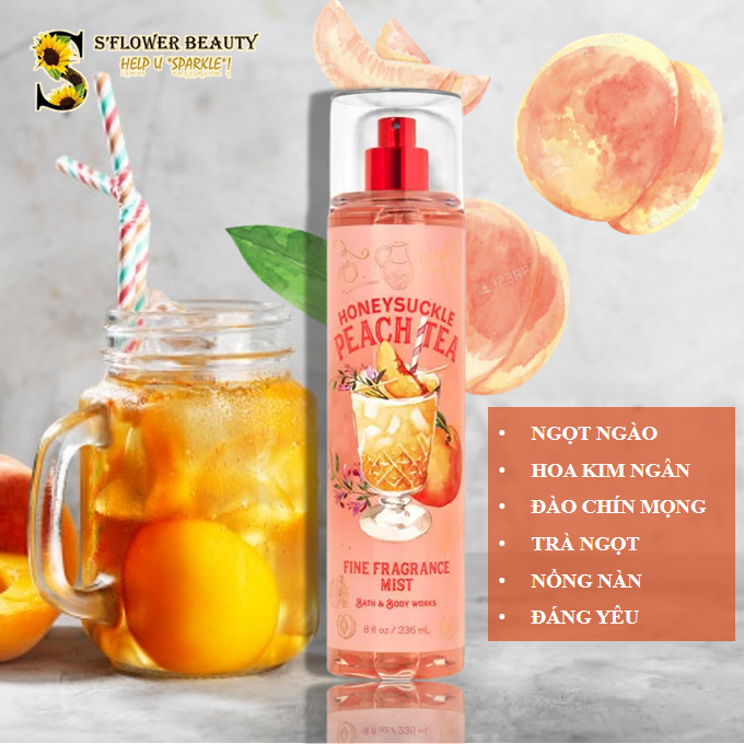🍑 HONEYSUCKLE PEACH TEA | Xịt Thơm Nước Hoa Lưu Hương Toàn Thân Bath & Body Work Fine Fragrance Mist (236ml)