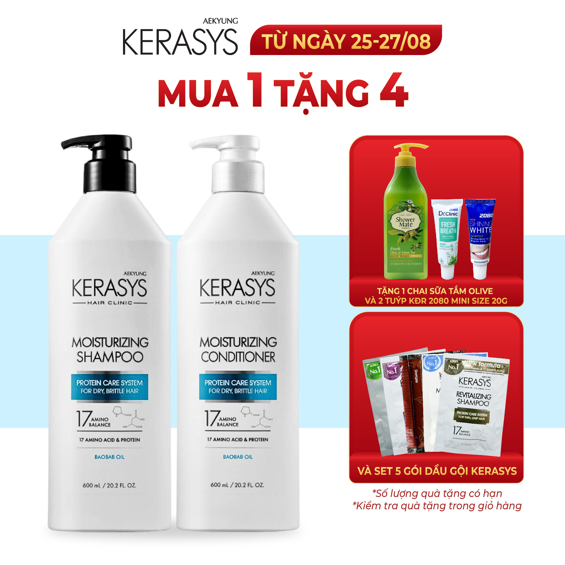 Cặp dầu gội xả Kerasys Moisturizing Hàn Quốc tăng cường dưỡng ẩm cho tóc khô, xơ, dễ gãy 600ml