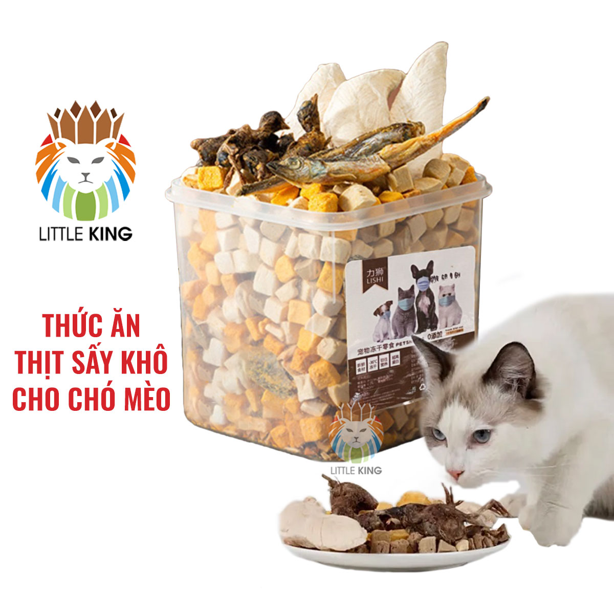 Thức ăn cho mèo thịt sấy khô Lishi cho chó mèo mix gà viên, trứng, gan, chim, cá Hộp 660g