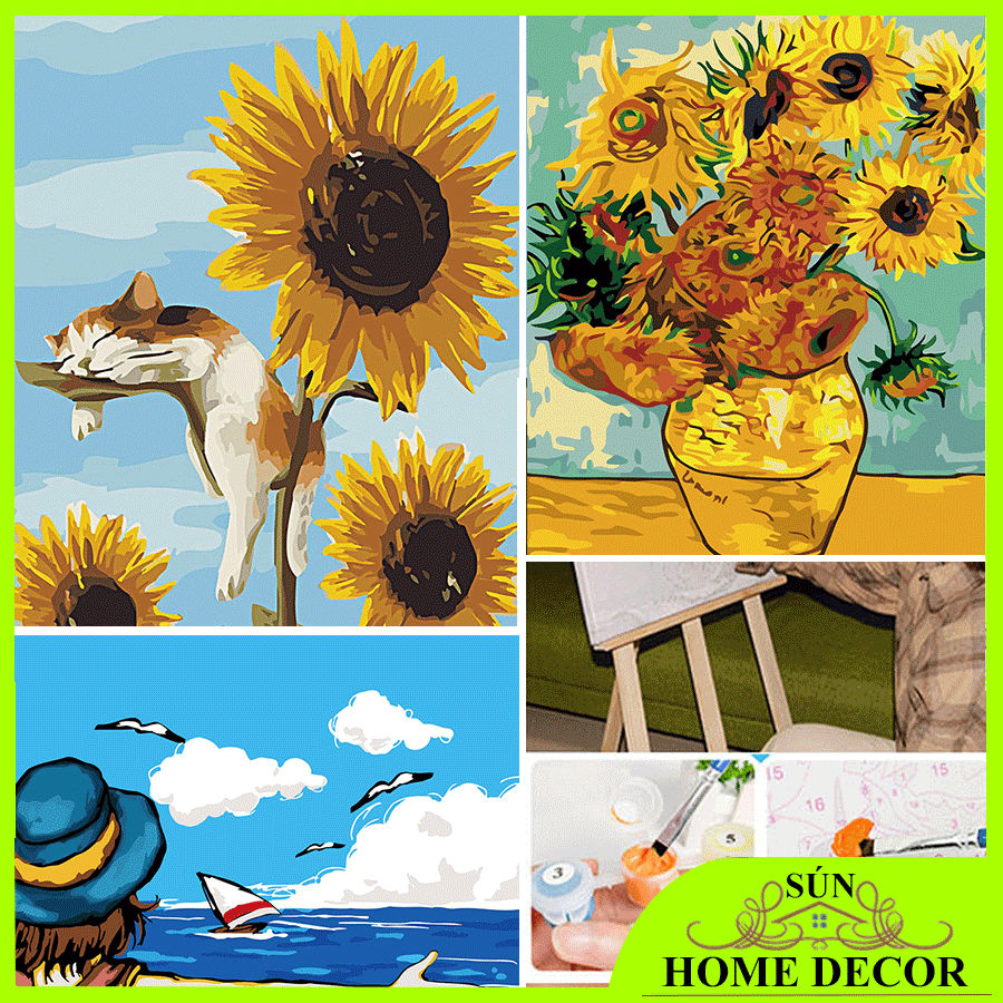 [CÓ KÈM SẴN KHUNG GỖ+ ỐC VÍT+ BỘ SƠN CỌ] Tranh sơn dầu số hóa hình phong cảnh, hoa hướng dương tĩnh vật, tranh treo tường tô màu theo số