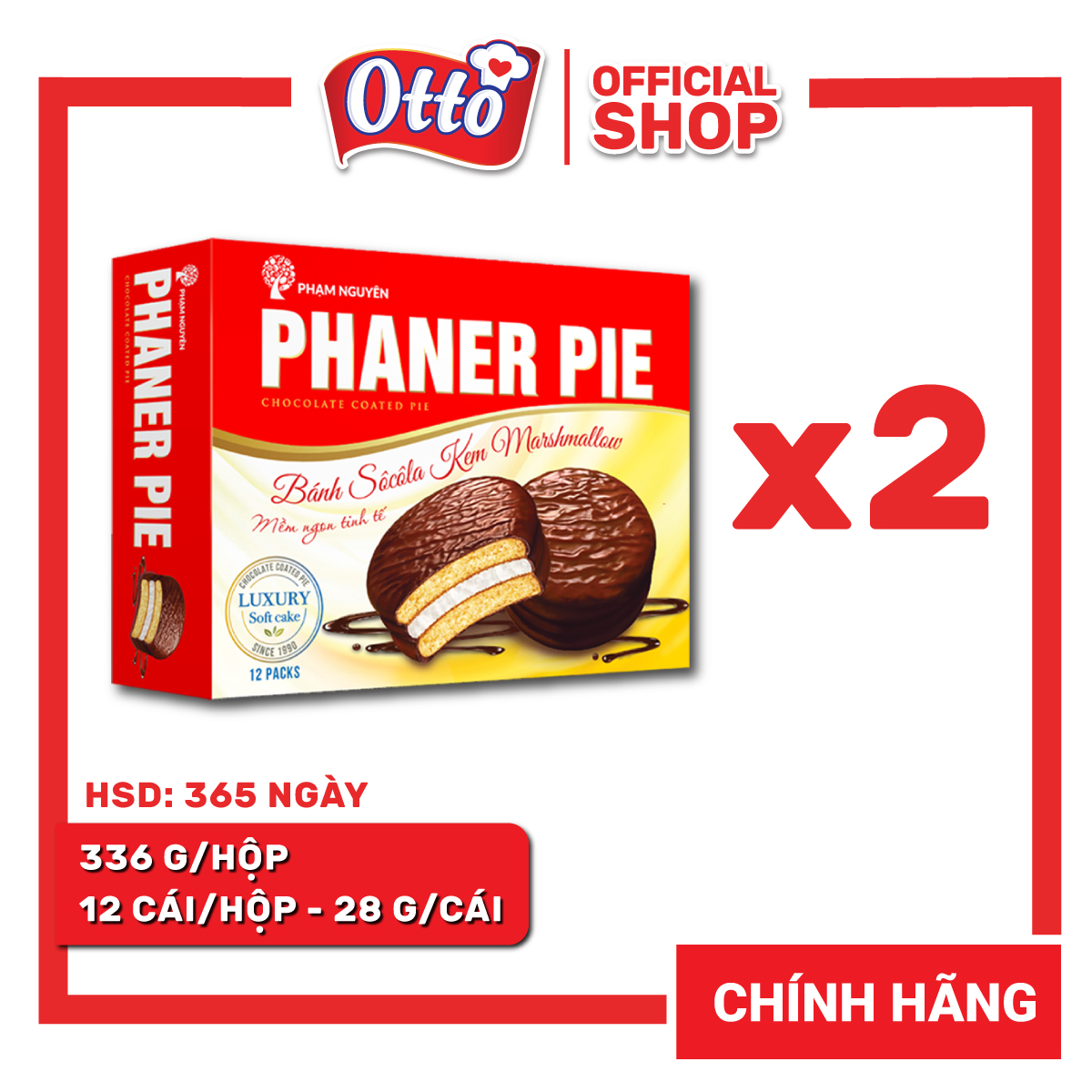 Combo 2 Hộp Bánh phủ socola nhân kẹo dẻo Phaner Pie Đỏ 336g | Bánh ăn vặt Socola | Đồ ăn vặt