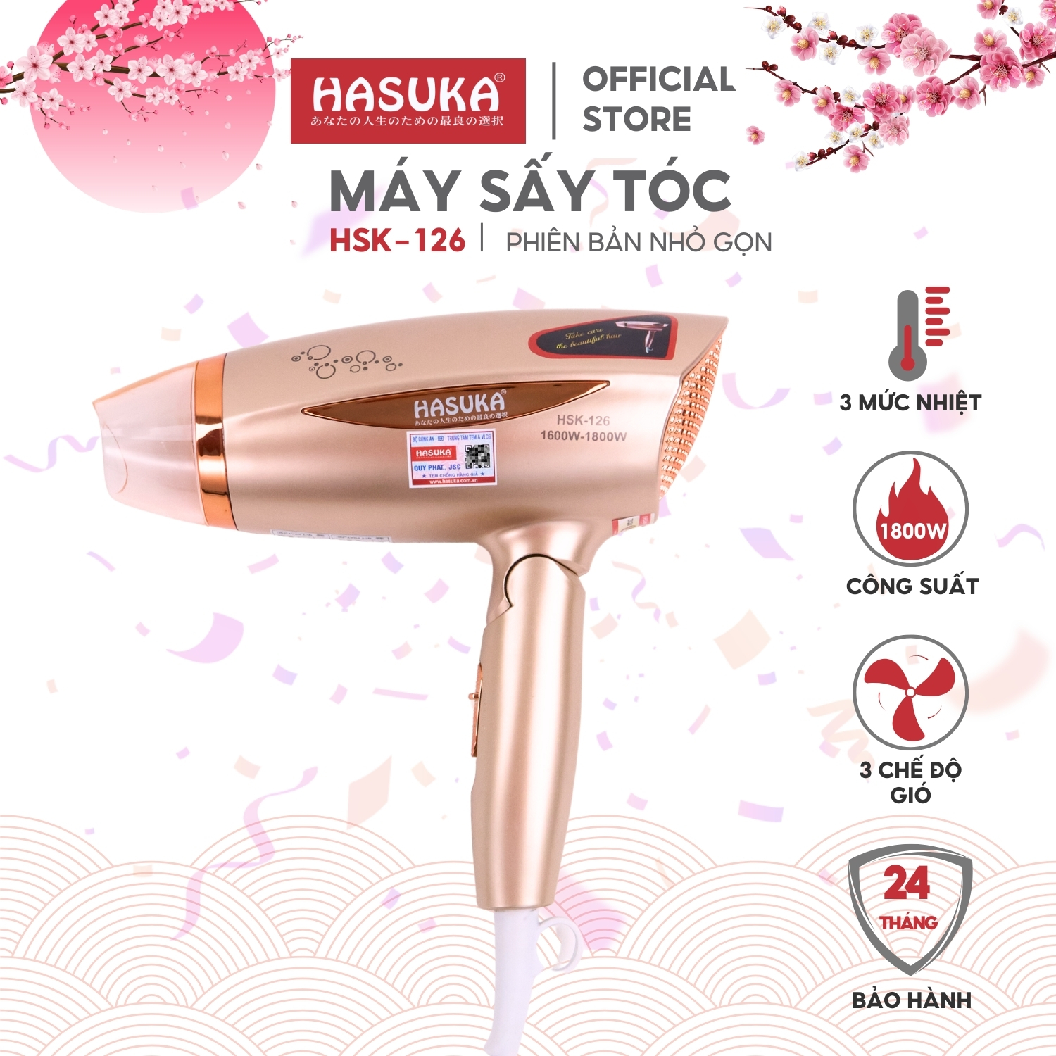 Máy sấy tóc hasuka hsk-126 công suất 1600-1800w, tay cầm có thể gấp gọn, 3 mức nhiệt độ, 3 tốc độ gió sử dụng tiện lợi