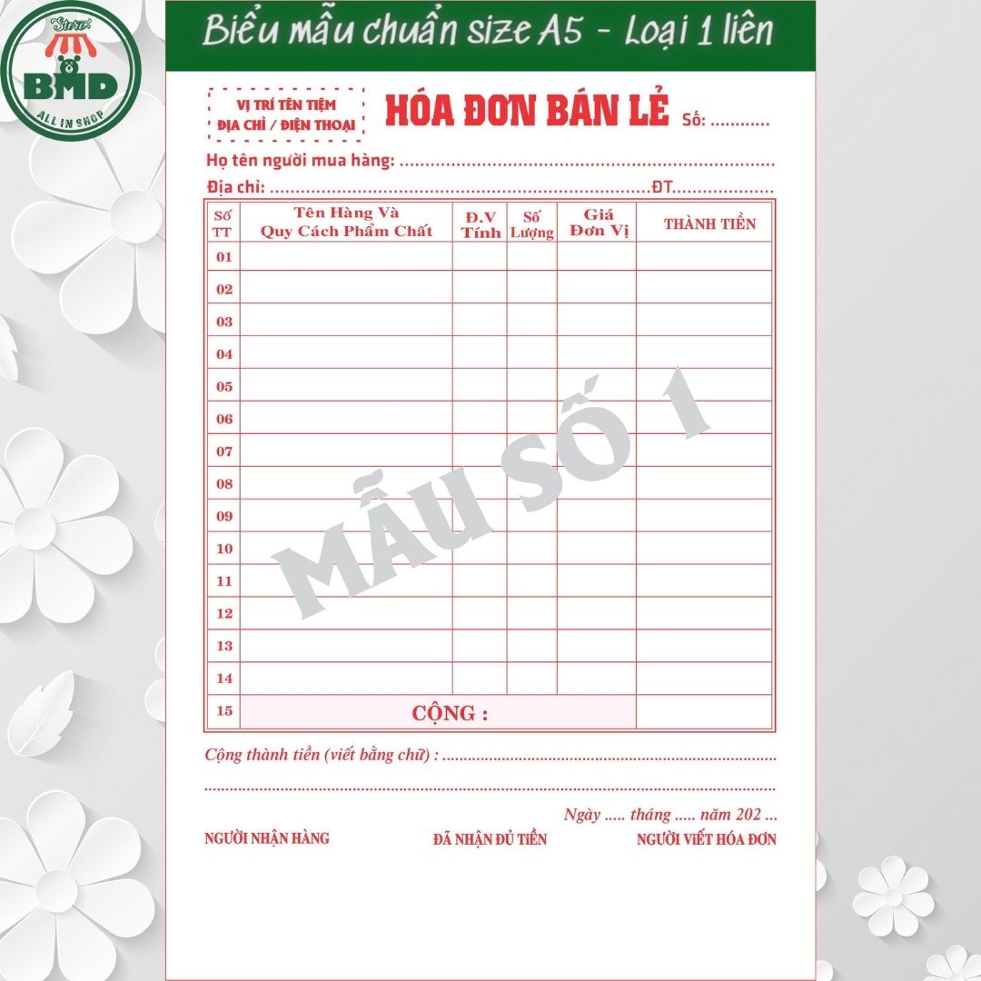 Hoá đơn bán lẻ 1 liên-Block 6 quyển-chọn mẫu in tên