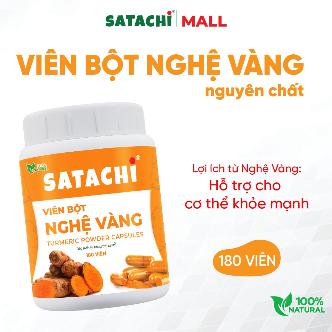 Viên Bột Nghệ Nguyên Chất SATACHI – 100% Nghệ – Dạng Viên Tiện Lợi – Hộp 180 viên