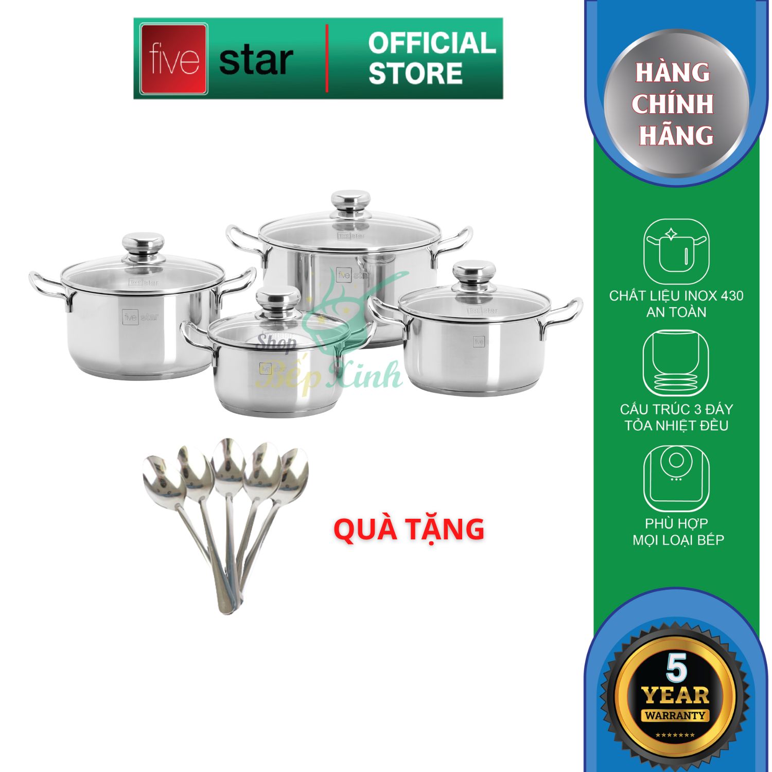 Bộ nồi inox FiveStar FSB4001 nắp kính 3 đáy 4 chiếc  , inox 430 ( tặng 5 muỗng ăn ), dùng được bếp từ , hồng ngoại , gas