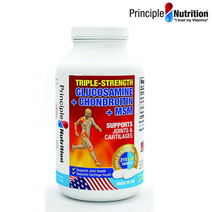Viên hỗ trợ giảm đau TRIPLE-STRENGTH GLUCOSAMINE PRINCIPLE NUTRITION USA phục hồi chức năng sụn khớp xương tăng tiết dịch ổ khớp và giảm co thắt cơ bắp (Hộp 210 + 30 viên free)