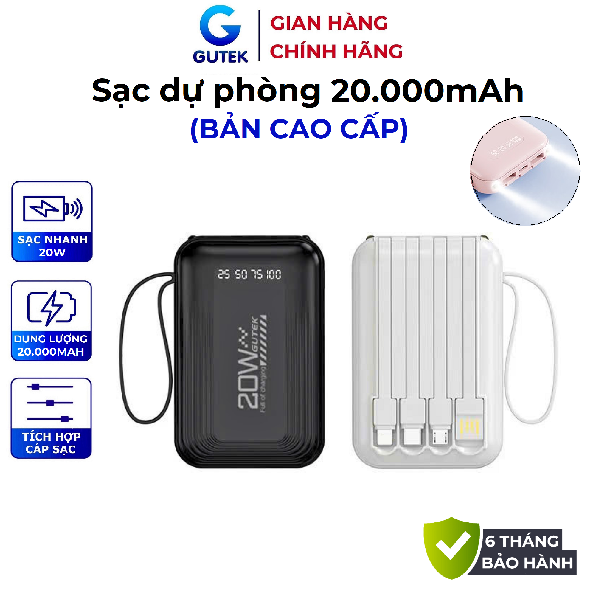 Pin Sạc dự phòng 20000mah sạc nhanh 20W nhỏ gọn có sẵn dây sạc điện thoại – Gutek GT18