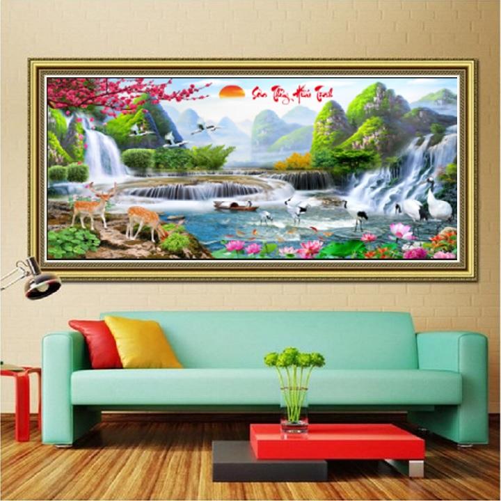 Tranh Thêu Chữ Thập Phong Cảnh Sơn Thủy Hữu Tình - Kích Thước 160*68cm
