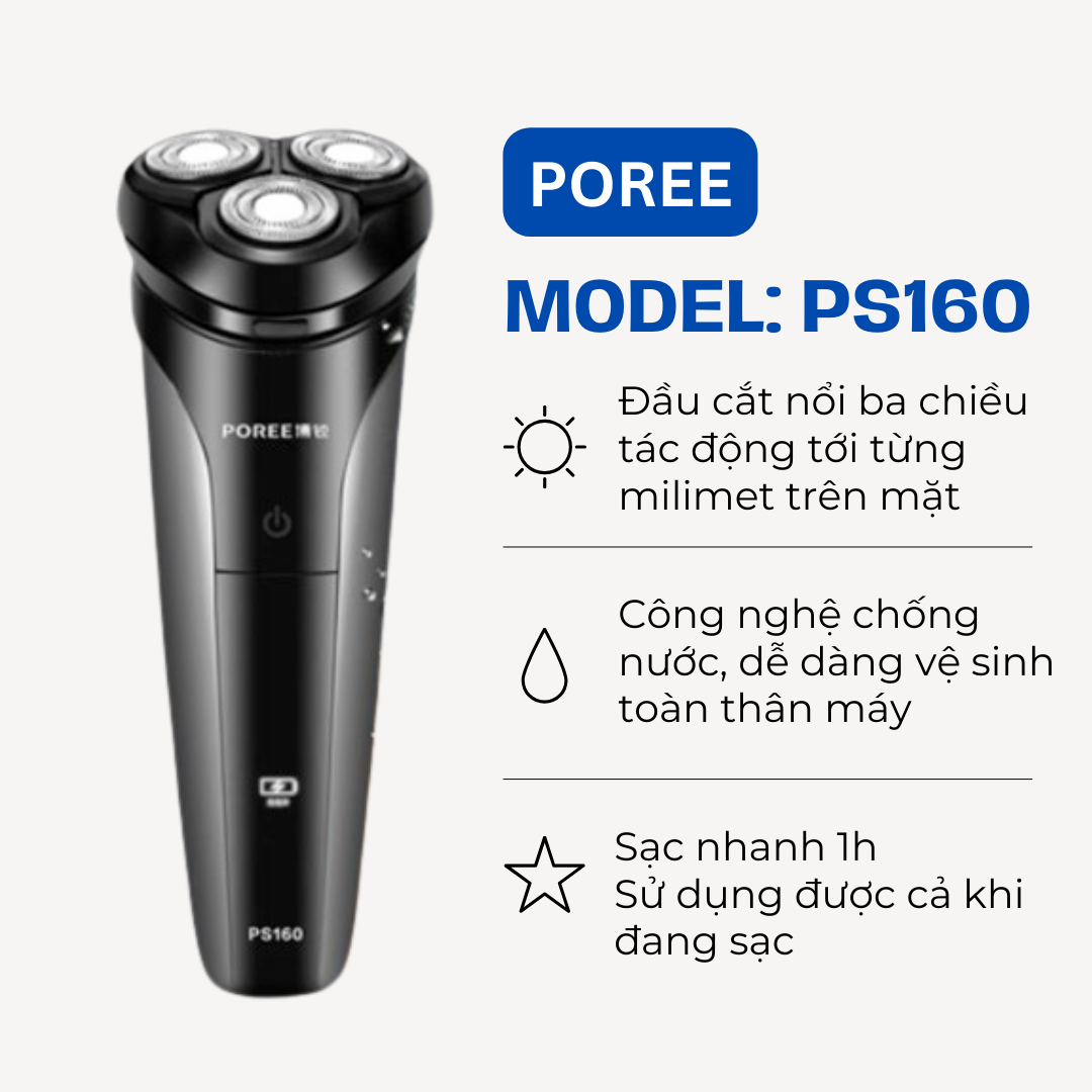 Máy Cạo Râu Nam Lưỡi Dao 3 Đầu Cạo Khô và Ướt Đa Năng IPX67 Chống Nước - Hàng Chính Hãng Flyco Poree PS160 Cửa Hàng Thiết Bị Đồ gia dụng tăng tông đơ cắt tóc HTC chăm sóc cá nhân may cao rau trẻ em vn